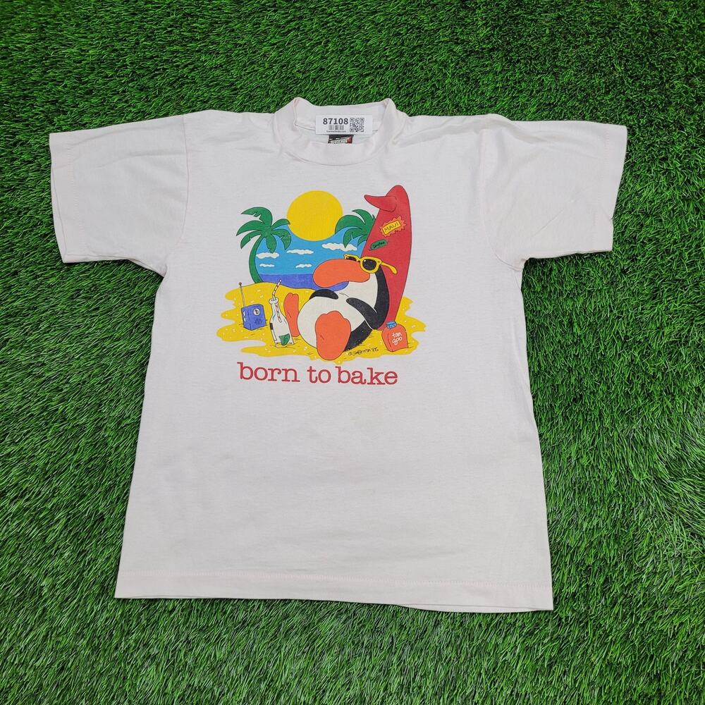 Vintage 80s Funny Penguin Shirt Womens S/M 18x24 Pink Beach